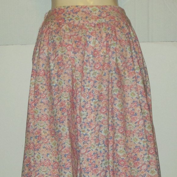 Pink Blue Floral Flared Skirt XS 26" Waist Cotton Blend Side Zipper Vintage 80's - Picture 9 of 15